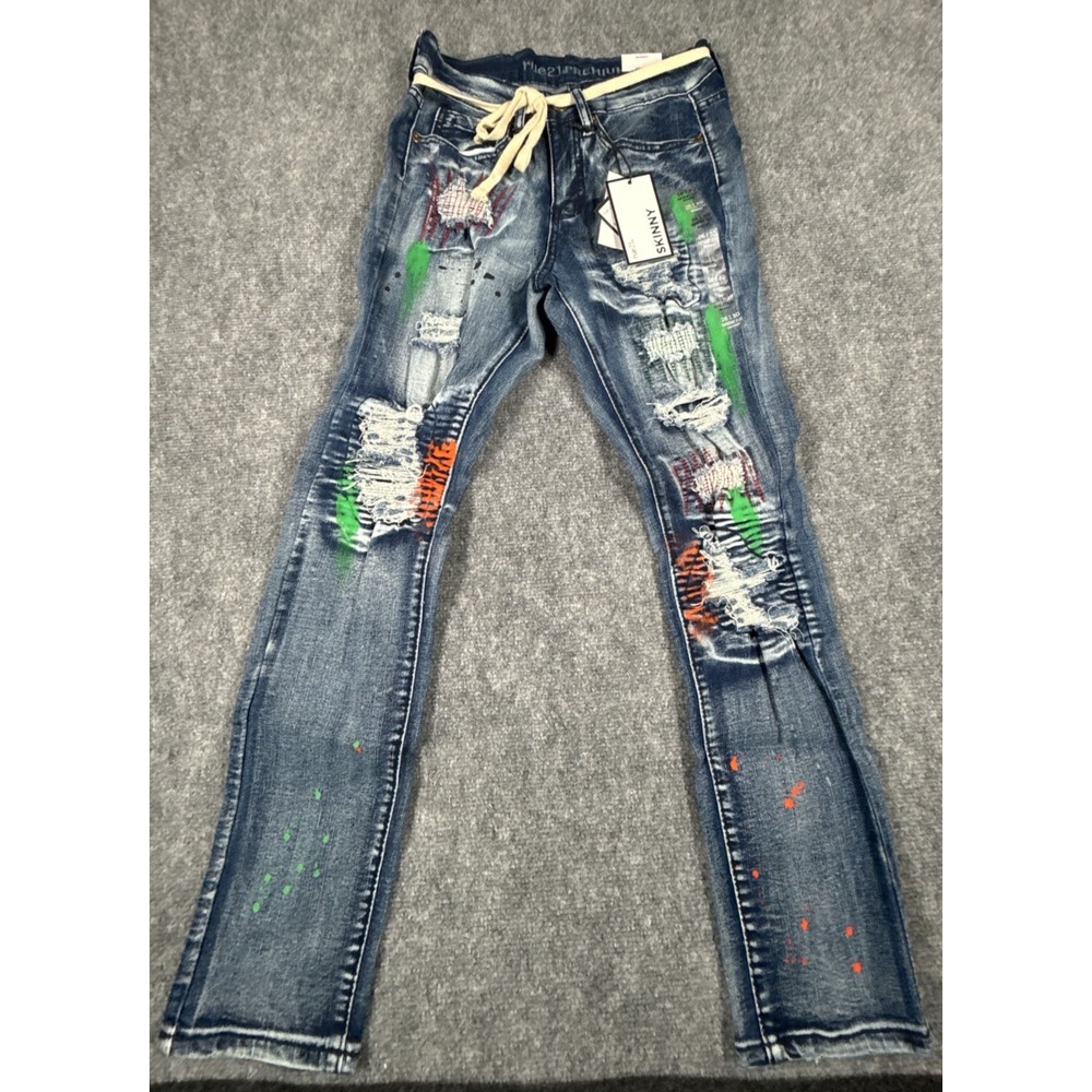 Rue21 Premium Skinny Flex Jeans Men's 26x30 Blue Distressed Paint Splatter NWT